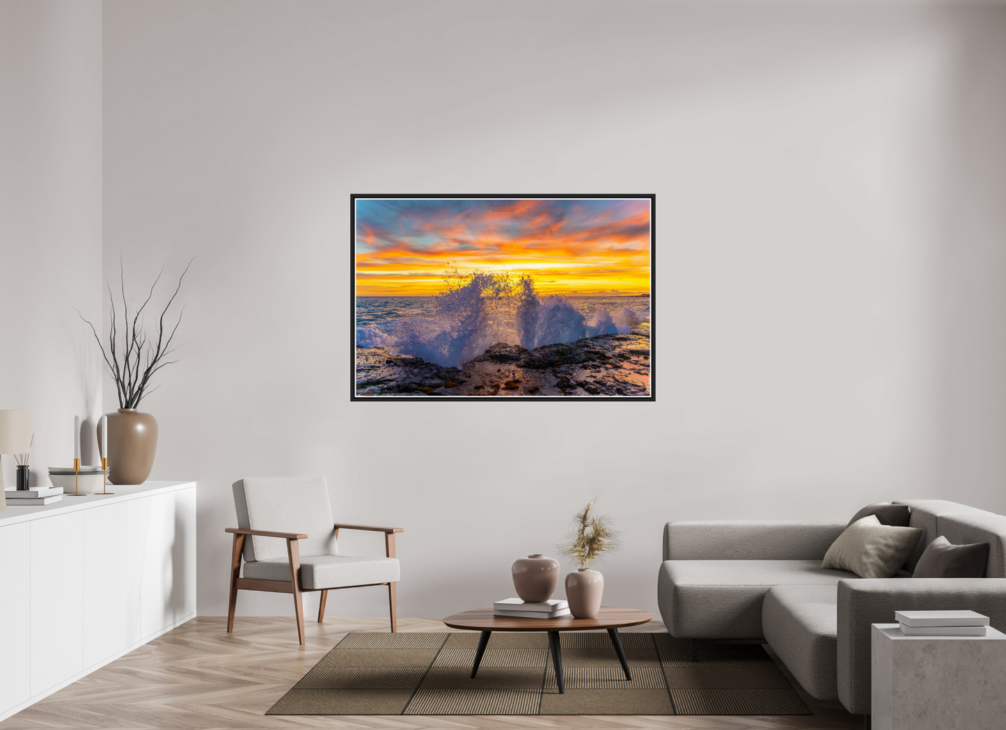 60 x 40″, Black Matte Floater Frame with Acrylic Glass (05B) Crashing Waves at Sunset