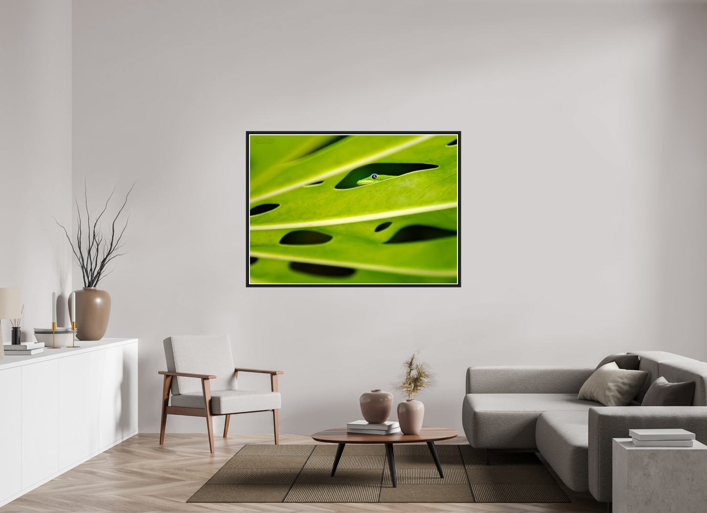 60.2 x 43″, Black Matte Floater Frame with Acrylic Glass (08E) Hidden Gecko