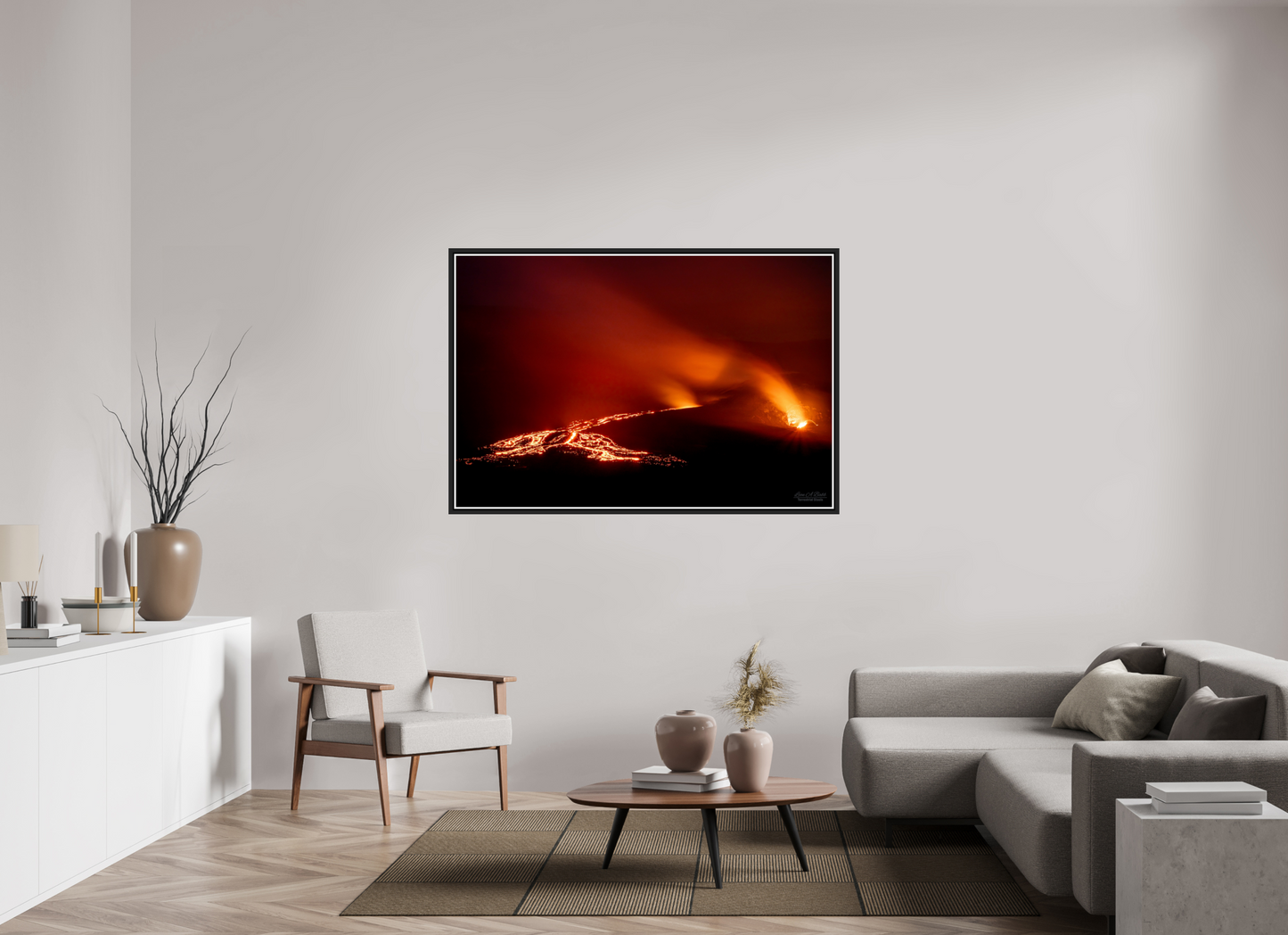 60 x 40″, Black Matte Floater Frame with Acrylic Glass Island of Fire