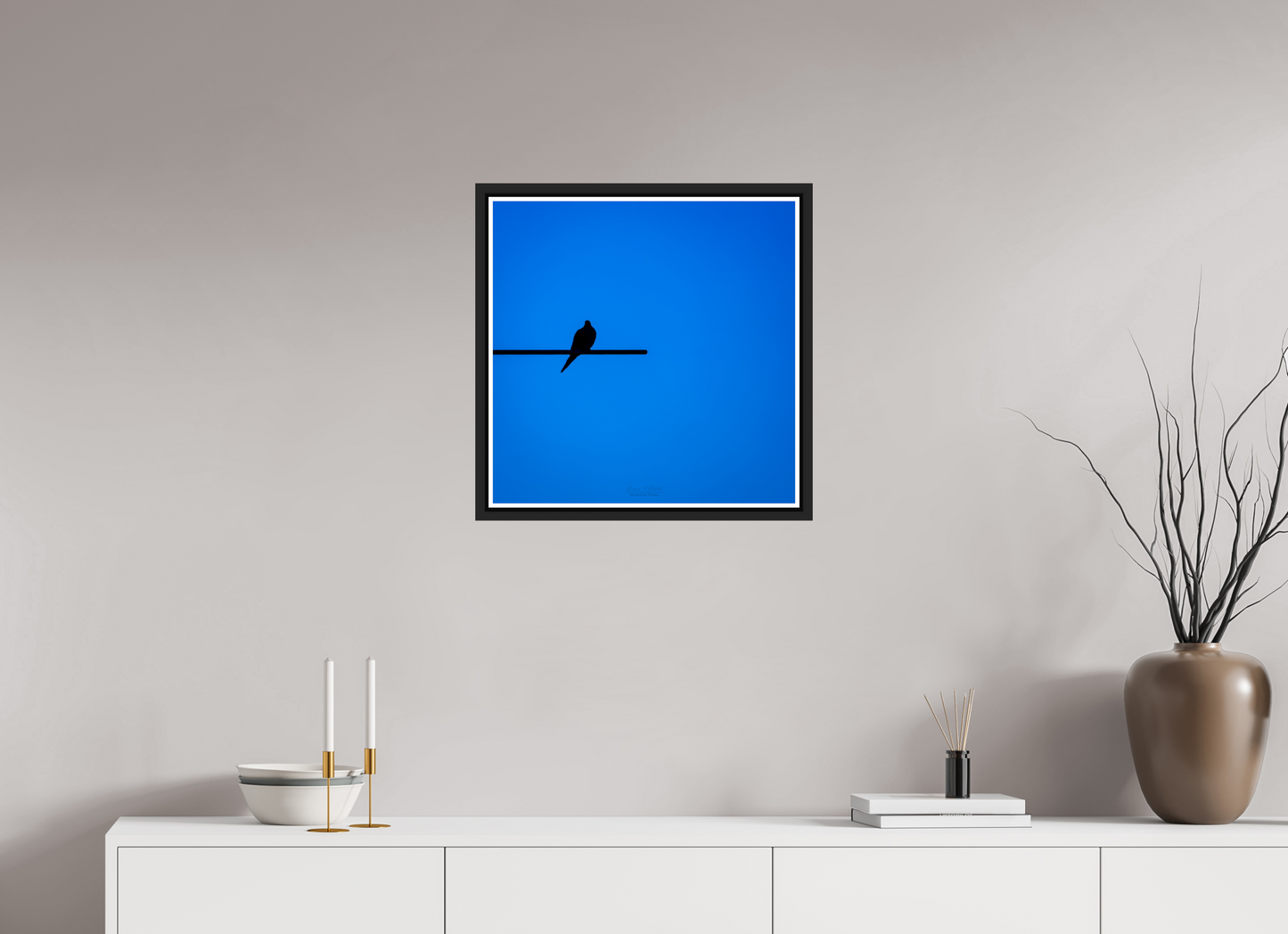 20 x 20″, Black Matte Floater Frame with Acrylic Glass (08D) Bird Silhouette in Blue