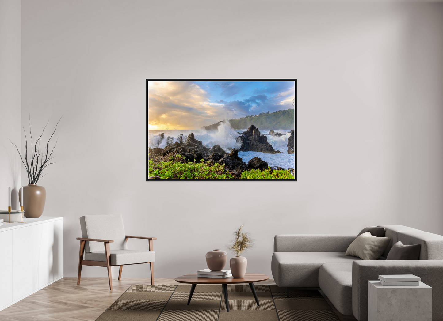 66 x 44″, Black Matte Floater Frame with Acrylic Glass (04A) Big Waves at the Coast