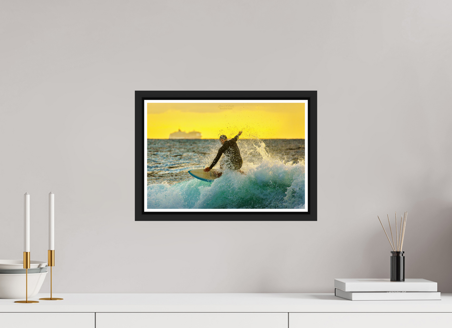 15 x 10″, Black Matte Floater Frame with Acrylic Glass (05F) Surfing at Sunrise