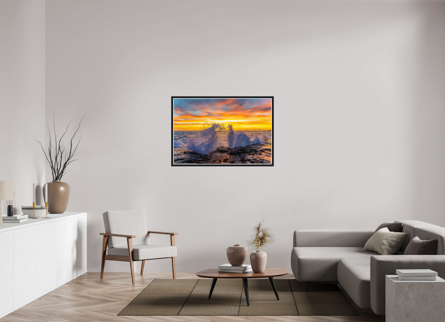 45 x 30″, Black Matte Floater Frame with Acrylic Glass (05B) Crashing Waves at Sunset