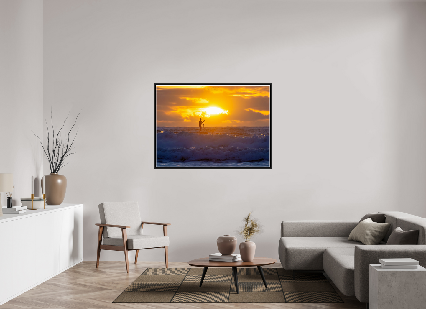 54.6 x 39″, Black Matte Floater Frame with Acrylic Glass (05E) Surfer at Sunrise 2