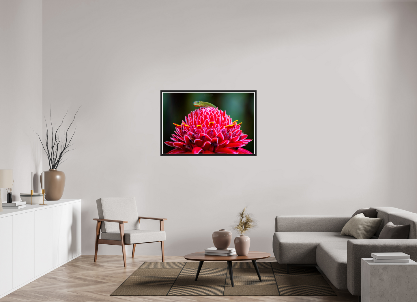 45 x 30″, Black Matte Floater Frame with Acrylic Glass (08F) Gecko on a flower