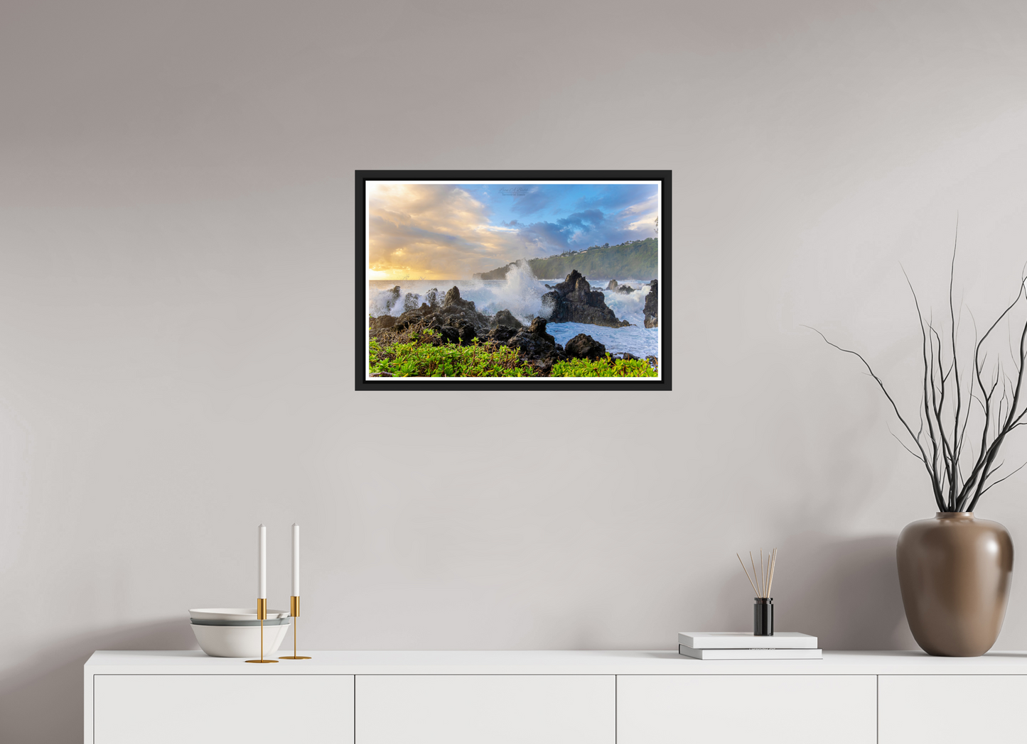 24 x 16″, Black Matte Floater Frame with Acrylic Glass (04A) Big Waves at the Coast