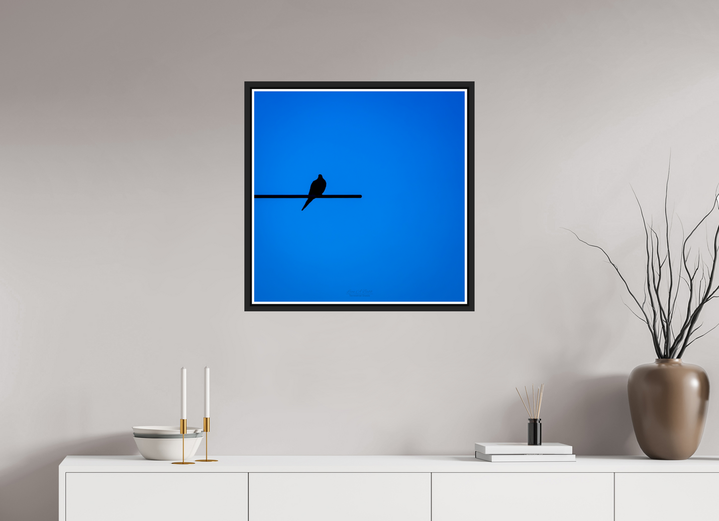25 x 25″, Black Matte Floater Frame with Acrylic Glass (08D) Bird Silhouette in Blue