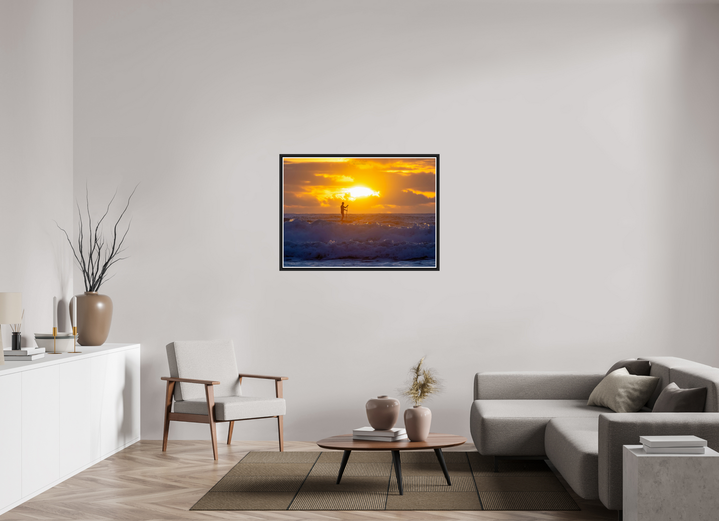 43.4 x 31″, Black Matte Floater Frame with Acrylic Glass (05E) Surfer at Sunrise 2