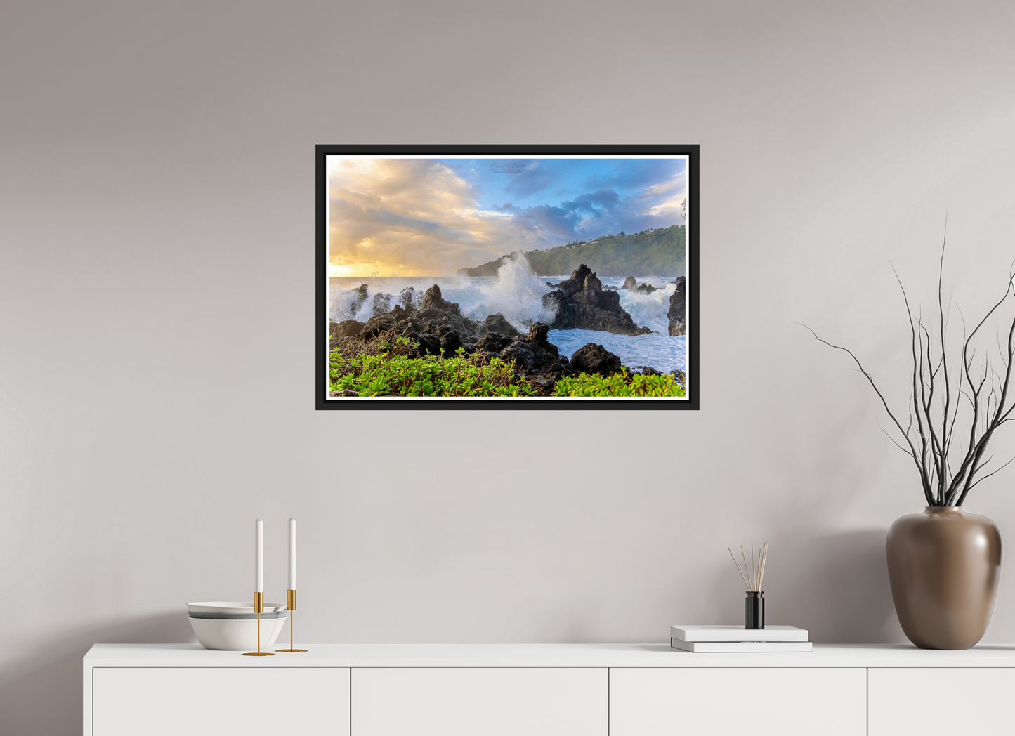 30 x 20″, Black Matte Floater Frame with Acrylic Glass (04A) Big Waves at the Coast