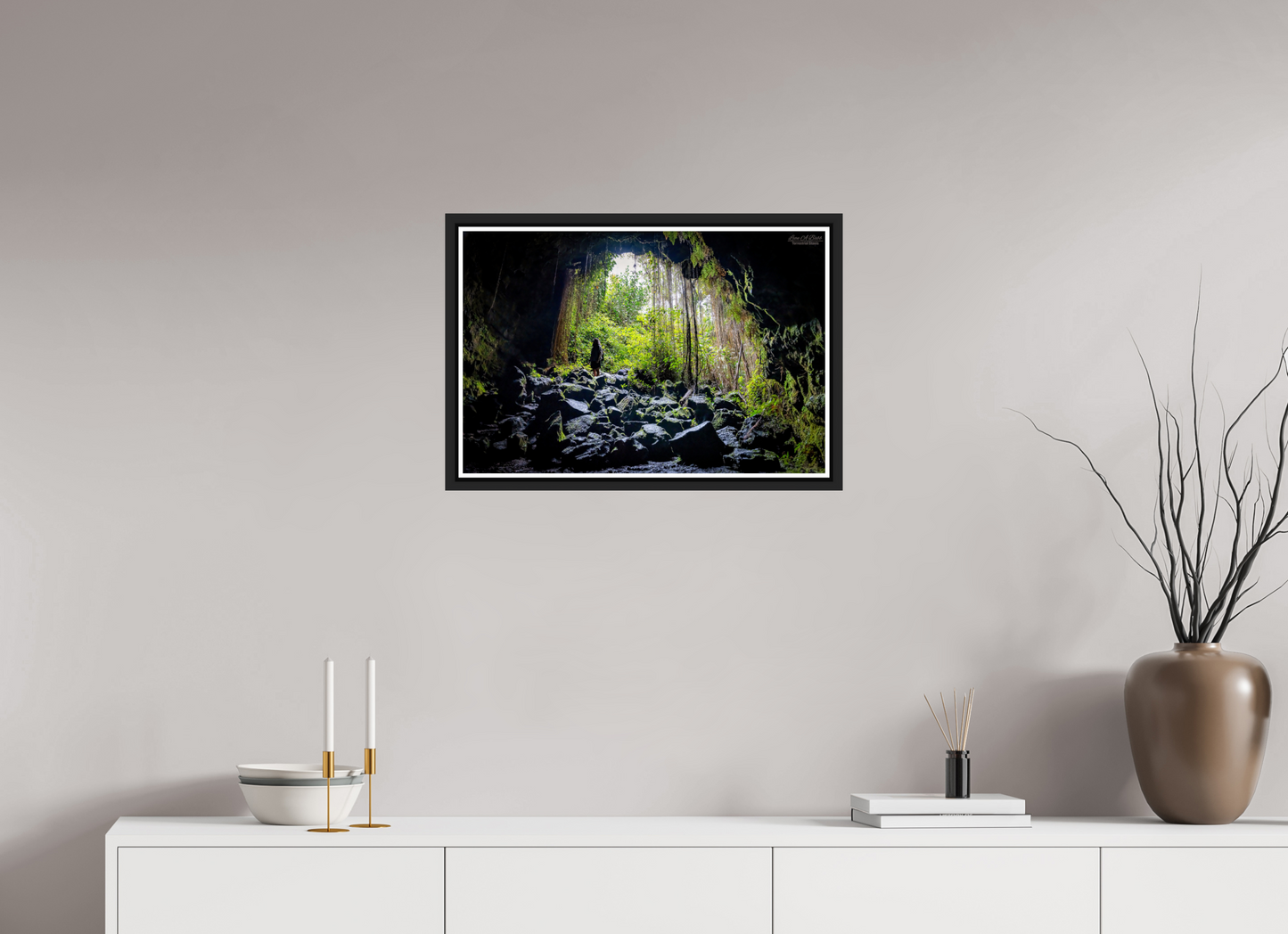24 x 16″, Black Matte Floater Frame with Acrylic Glass Voyager at the Cave's Edge