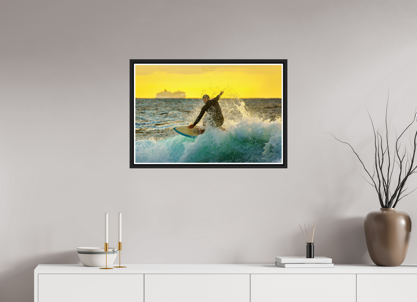 30 x 20″, Black Matte Floater Frame with Acrylic Glass (05F) Surfing at Sunrise