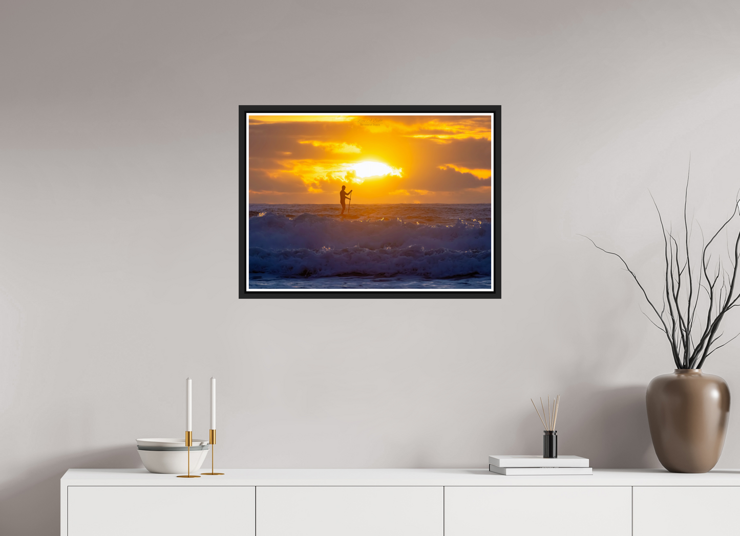 28 x 20″, Black Matte Floater Frame with Acrylic Glass (05E) Surfer at Sunrise 2