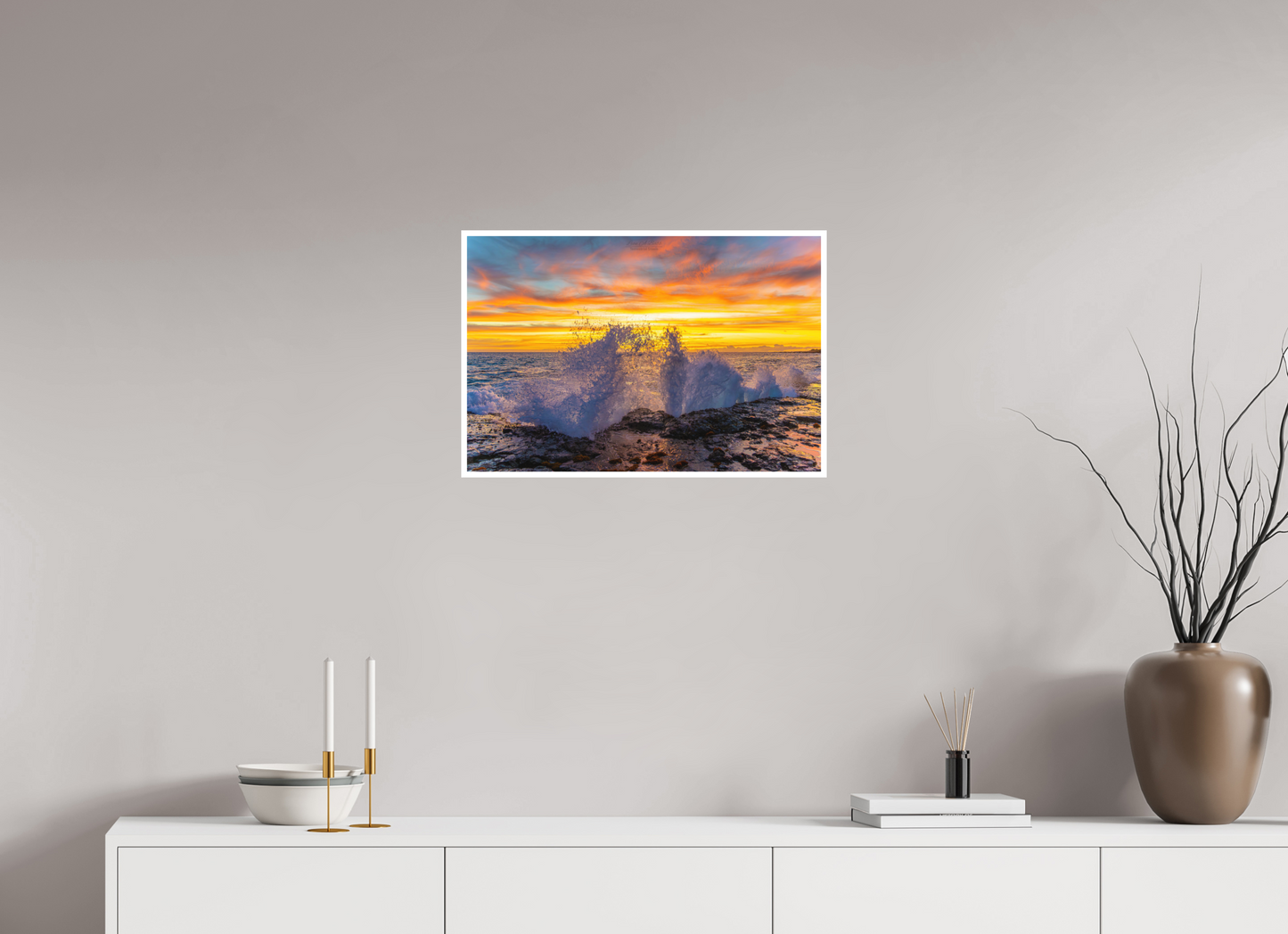 24 x 16″, Photo Print with Matte Lamination (05B) Crashing Waves at Sunset