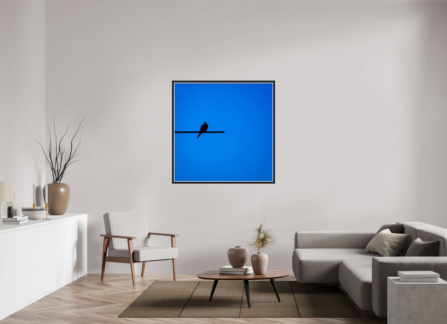 45 x 45″, Black Matte Floater Frame with Acrylic Glass (08D) Bird Silhouette in Blue
