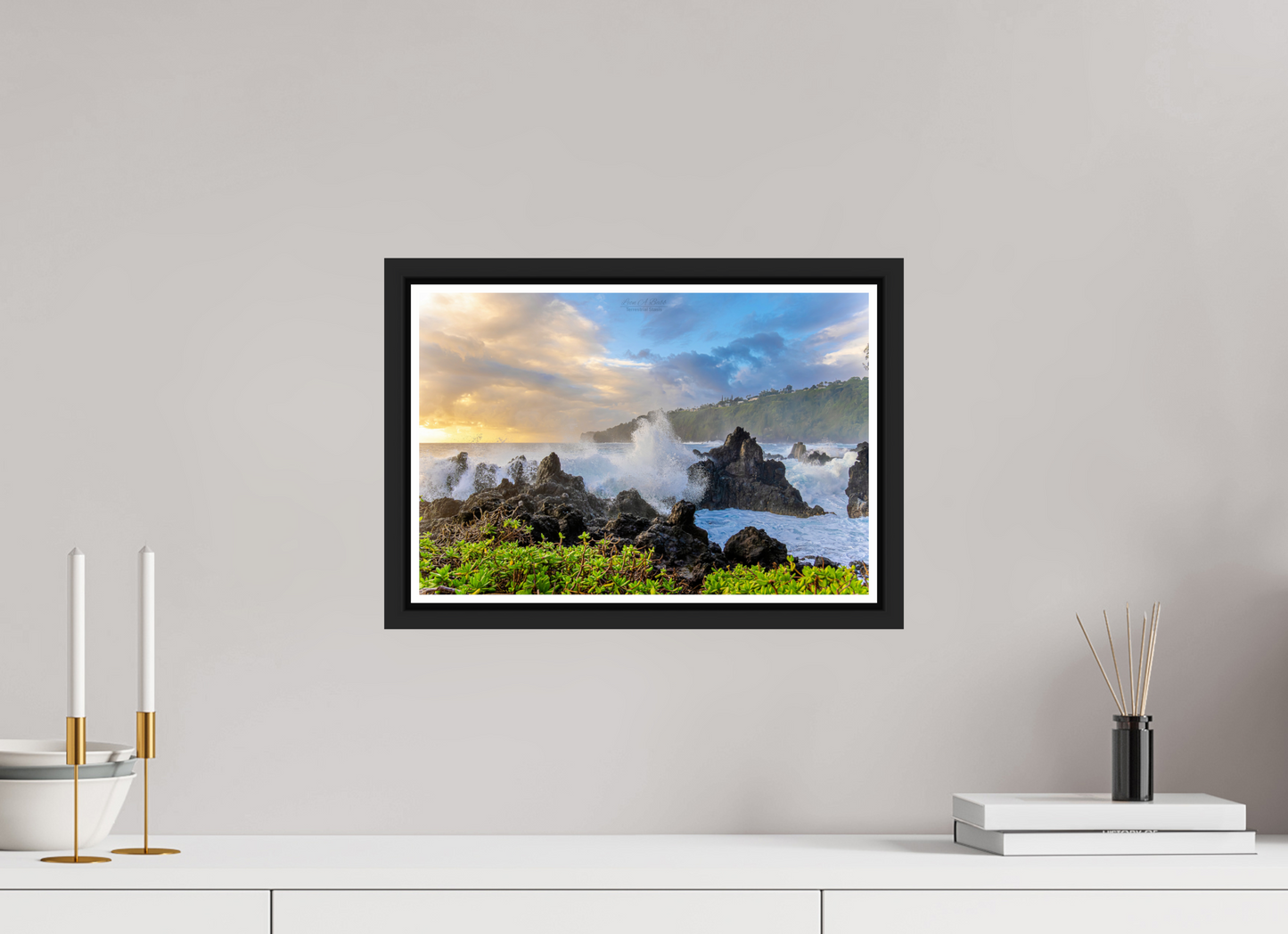 15 x 10″, Black Matte Floater Frame with Acrylic Glass (04A) Big Waves at the Coast