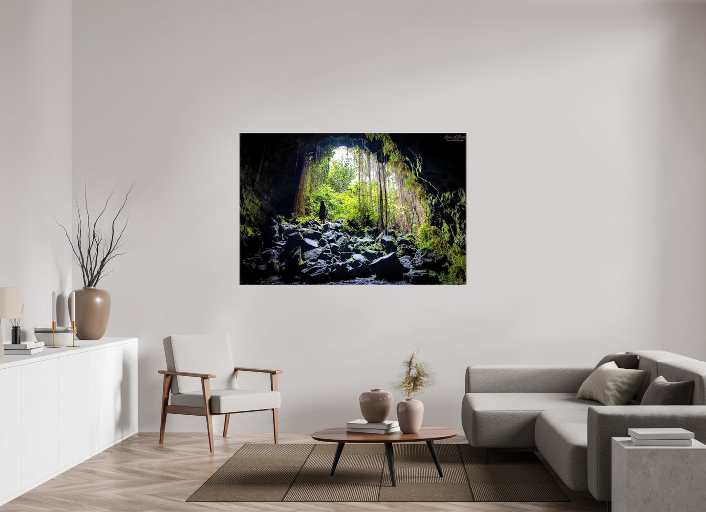 66 x 44″, Glossy Canvas Stretcher Frame with Mirrored Edges Voyager at the Cave's Edge