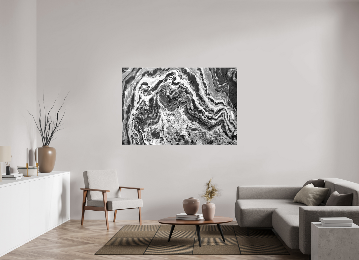 66 x 44″, Glossy Canvas Stretcher Frame with Mirrored Edges Liquid Marble