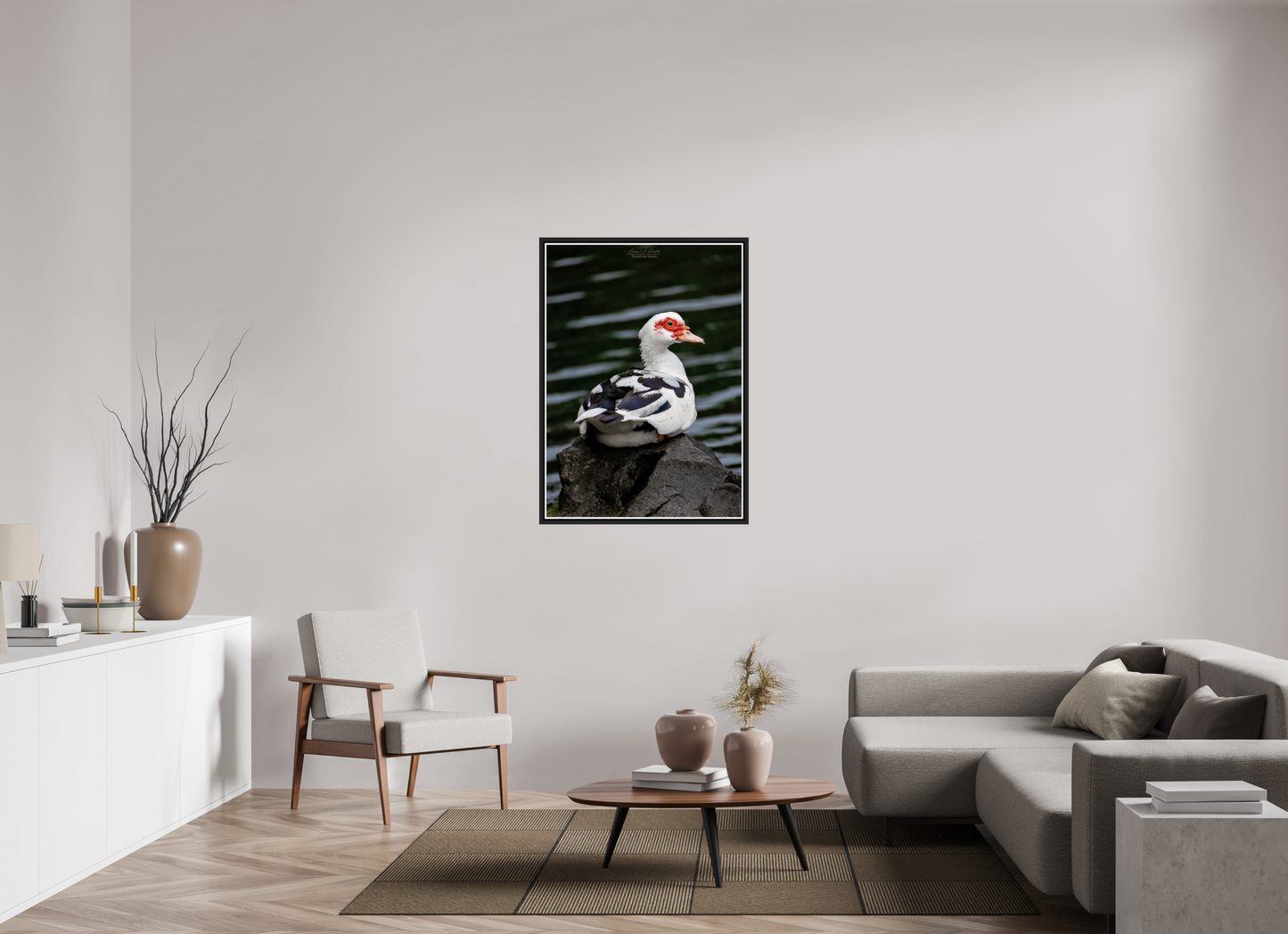 31 x 43.4″, Black Matte Floater Frame with Acrylic Glass (08T) Female Muscovy Duck Portrait