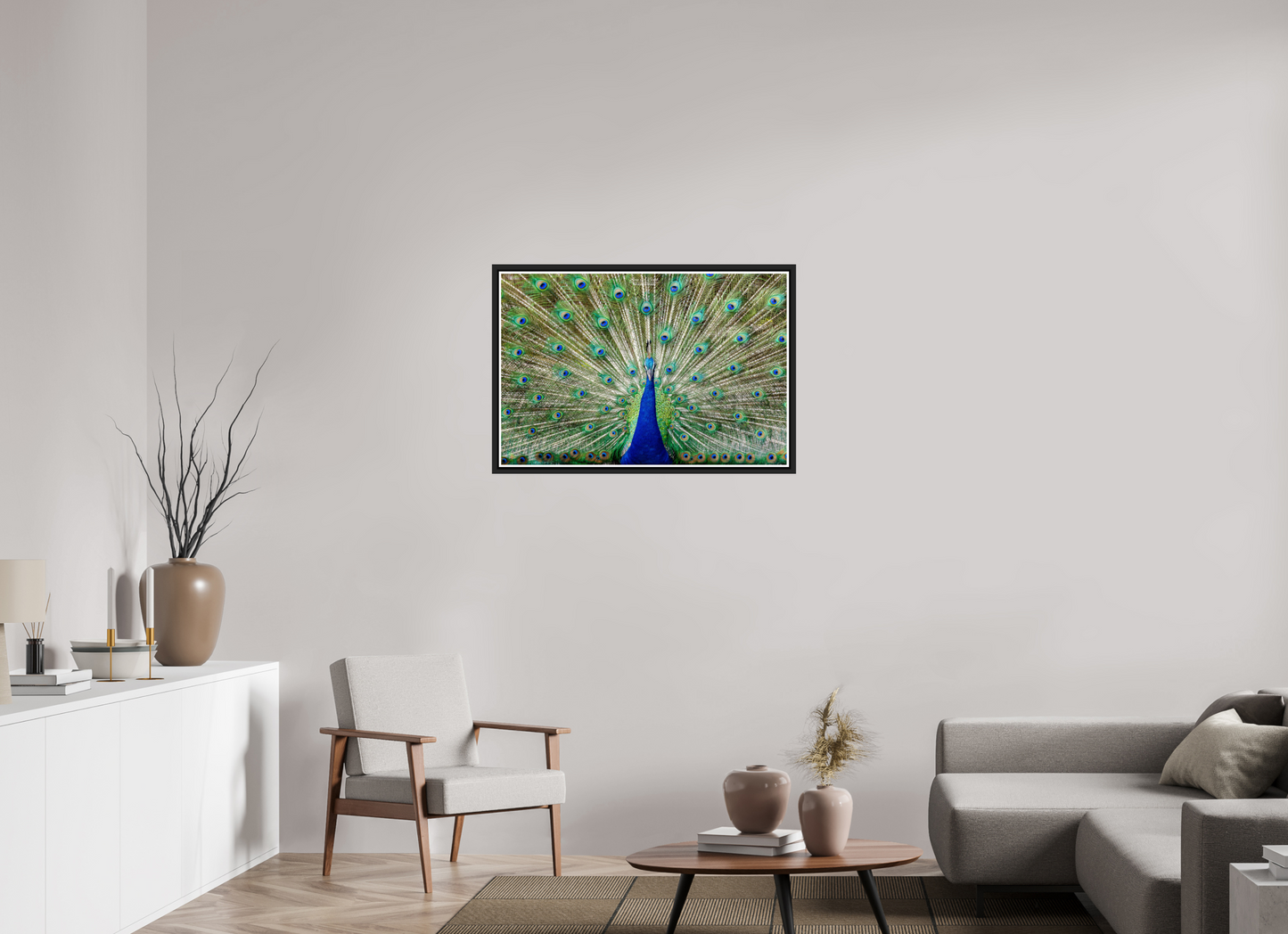36 x 24″, Black Matte Floater Frame with Acrylic Glass (08C) Peacock Display