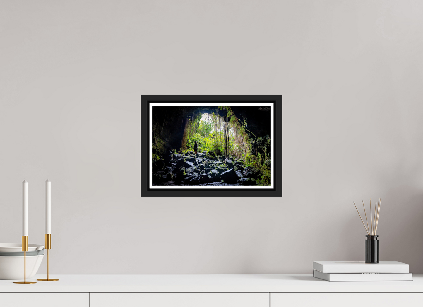 12 x 8″, Black Matte Floater Frame with Acrylic Glass Voyager at the Cave's Edge