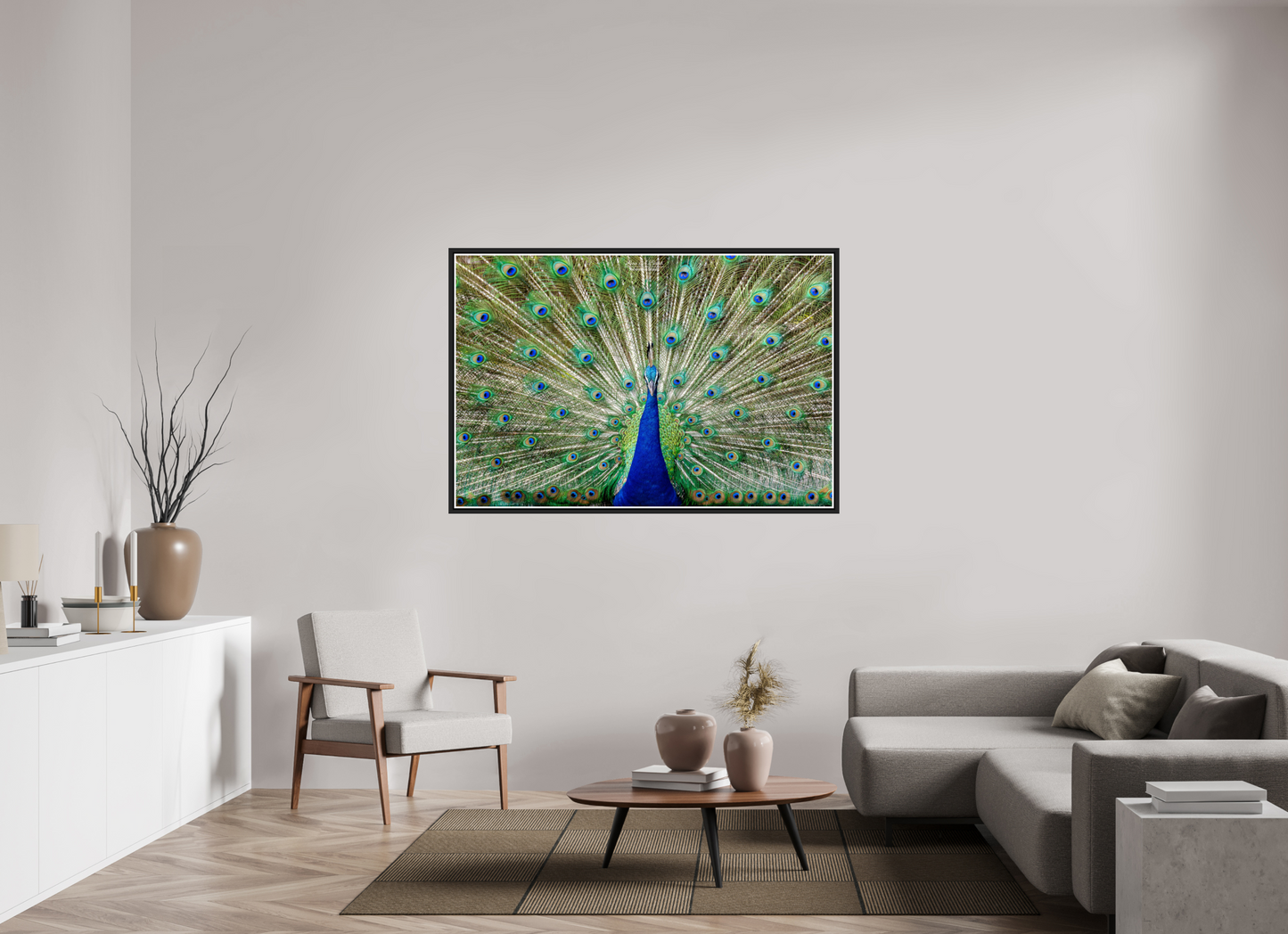 60 x 40″, Black Matte Floater Frame with Acrylic Glass (08C) Peacock Display