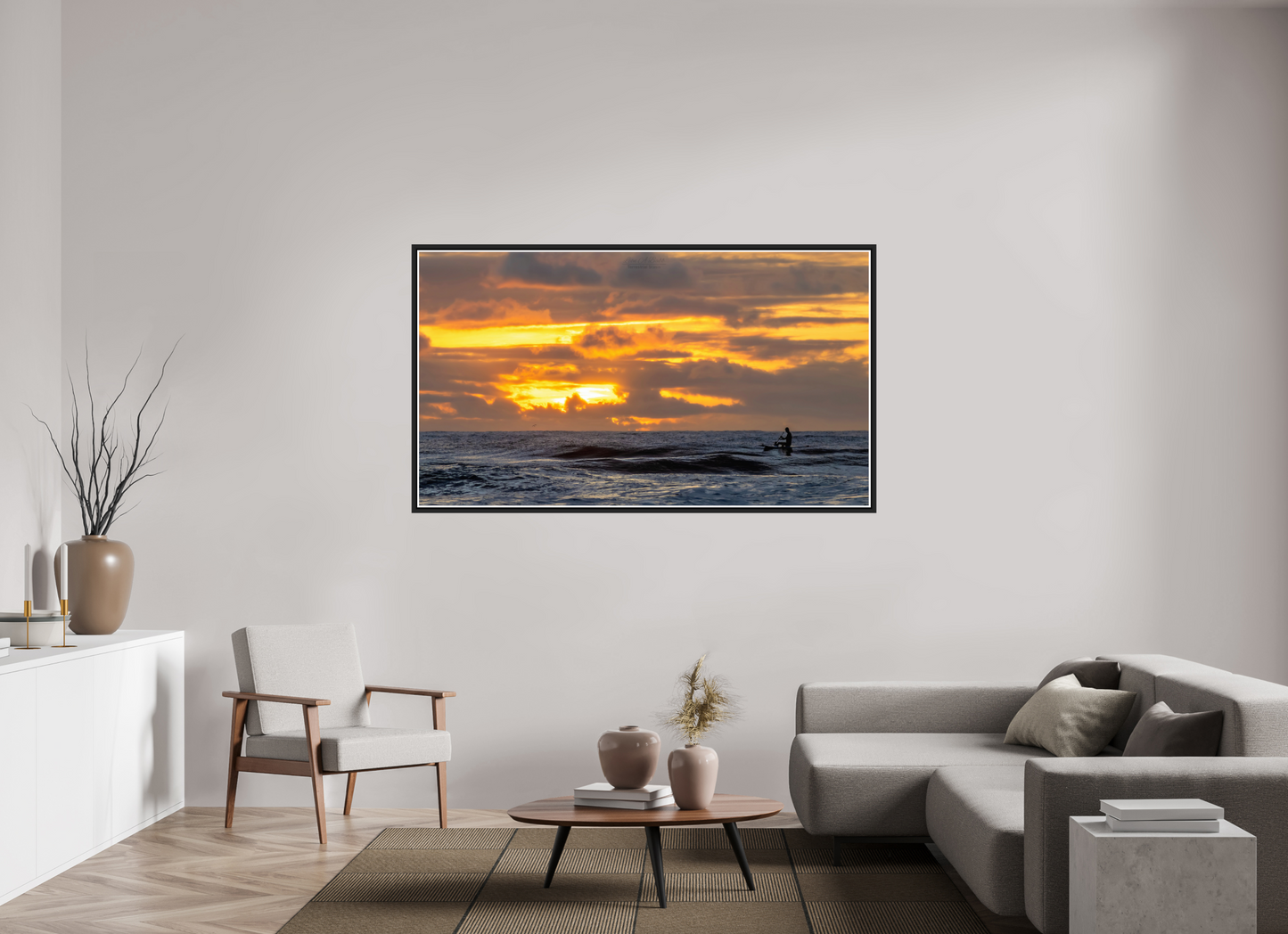 70 x 39.4″, Black Matte Floater Frame with Acrylic Glass (05D) Surfer at Sunrise 1