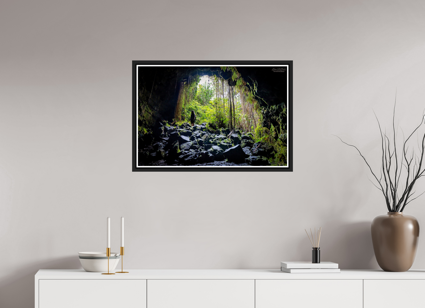 30 x 20″, Black Matte Floater Frame with Acrylic Glass Voyager at the Cave's Edge
