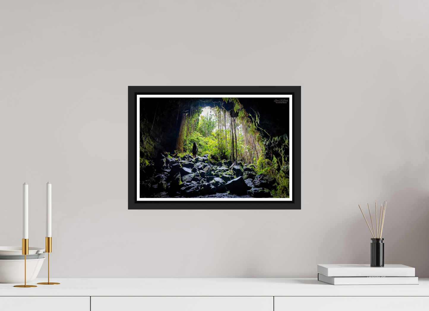 15 x 10″, Black Matte Floater Frame with Acrylic Glass Voyager at the Cave's Edge