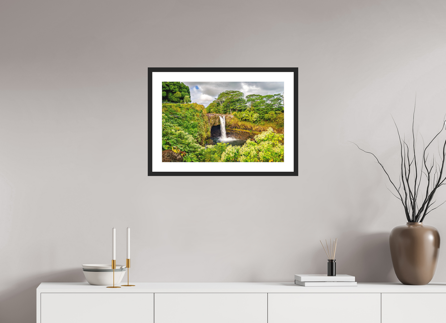 24 x 16″, Standard Black Matte Wood Frame (04C) Waiānuenue (Rainbow Falls)