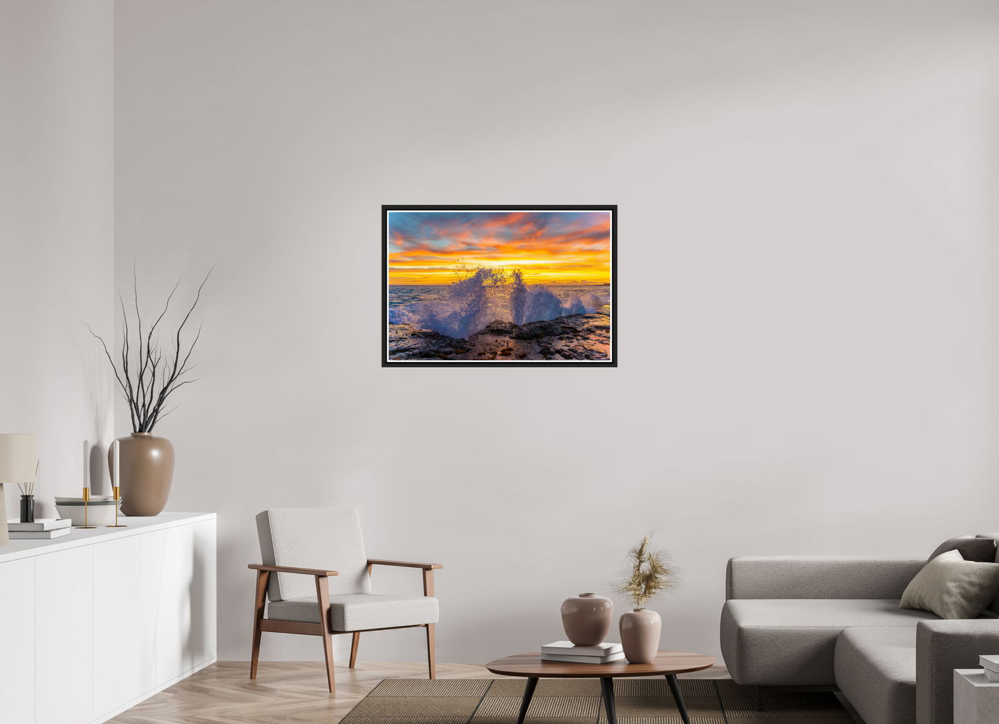 36 x 24″, Black Matte Floater Frame with Acrylic Glass (05B) Crashing Waves at Sunset