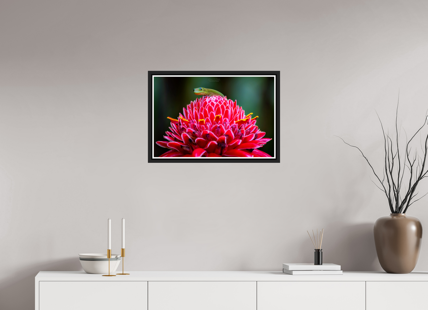 24 x 16″, Black Matte Floater Frame with Acrylic Glass (08F) Gecko on a flower