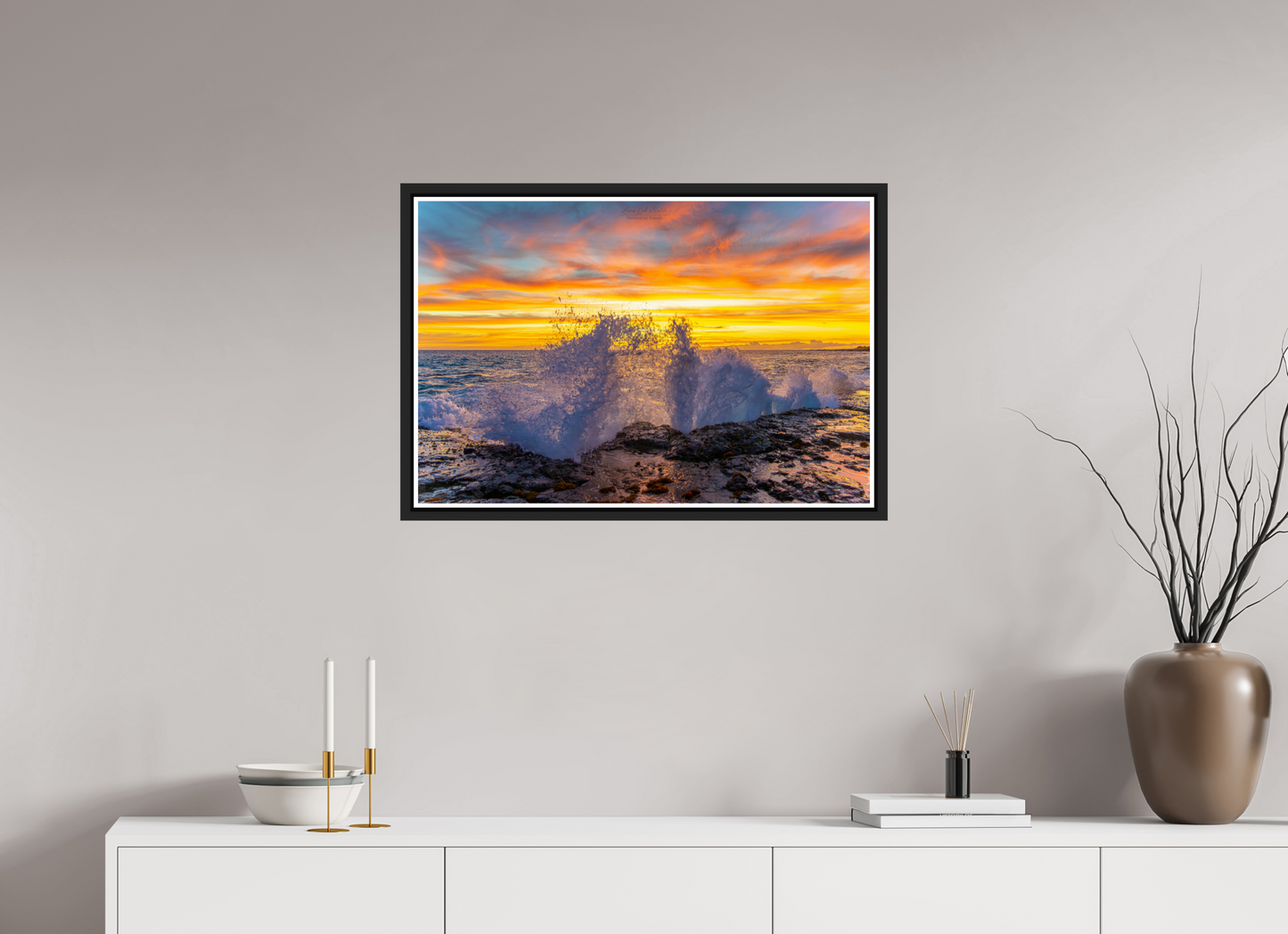 30 x 20″, Black Matte Floater Frame with Acrylic Glass (05B) Crashing Waves at Sunset