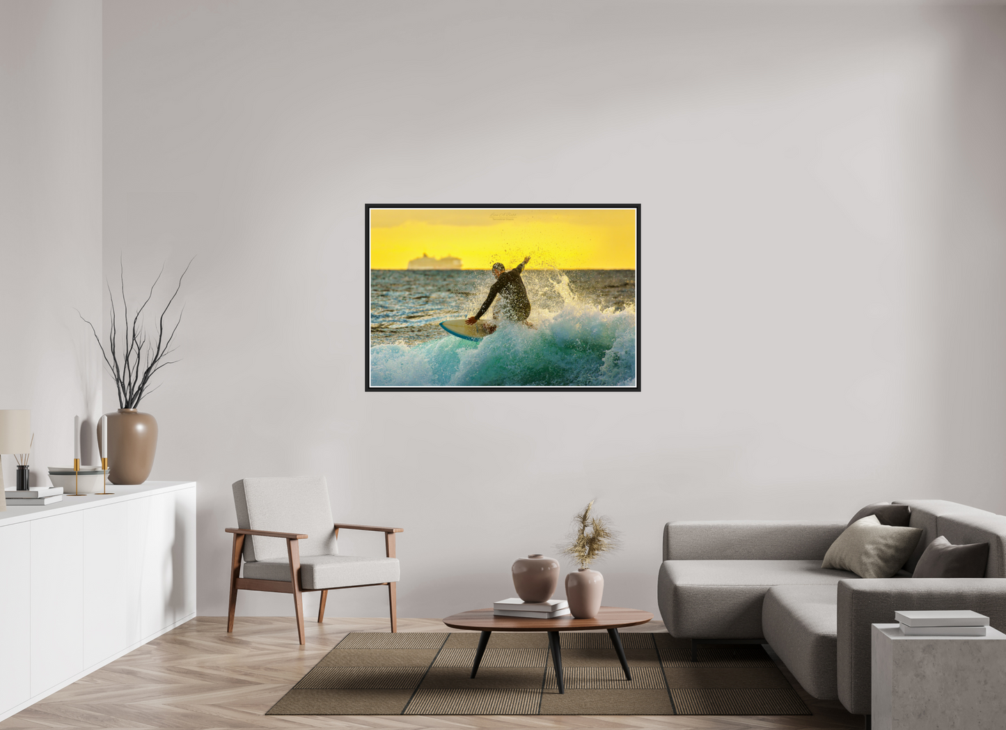 54 x 36″, Black Matte Floater Frame with Acrylic Glass (05F) Surfing at Sunrise