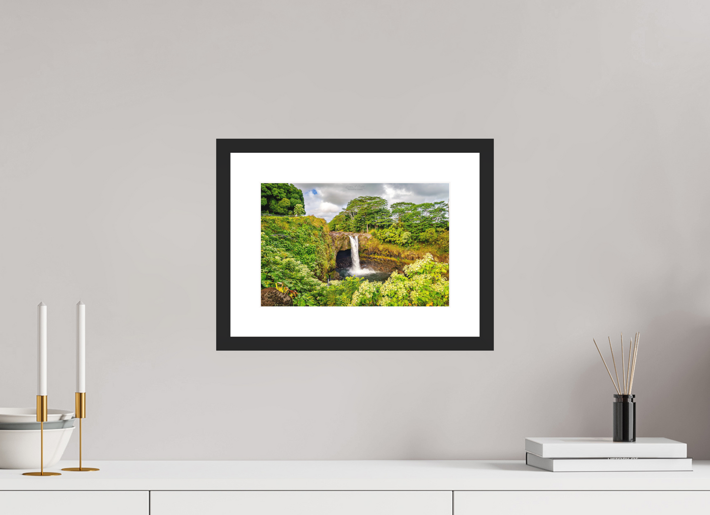 12 x 8″, Standard Black Matte Wood Frame (04C) Waiānuenue (Rainbow Falls)