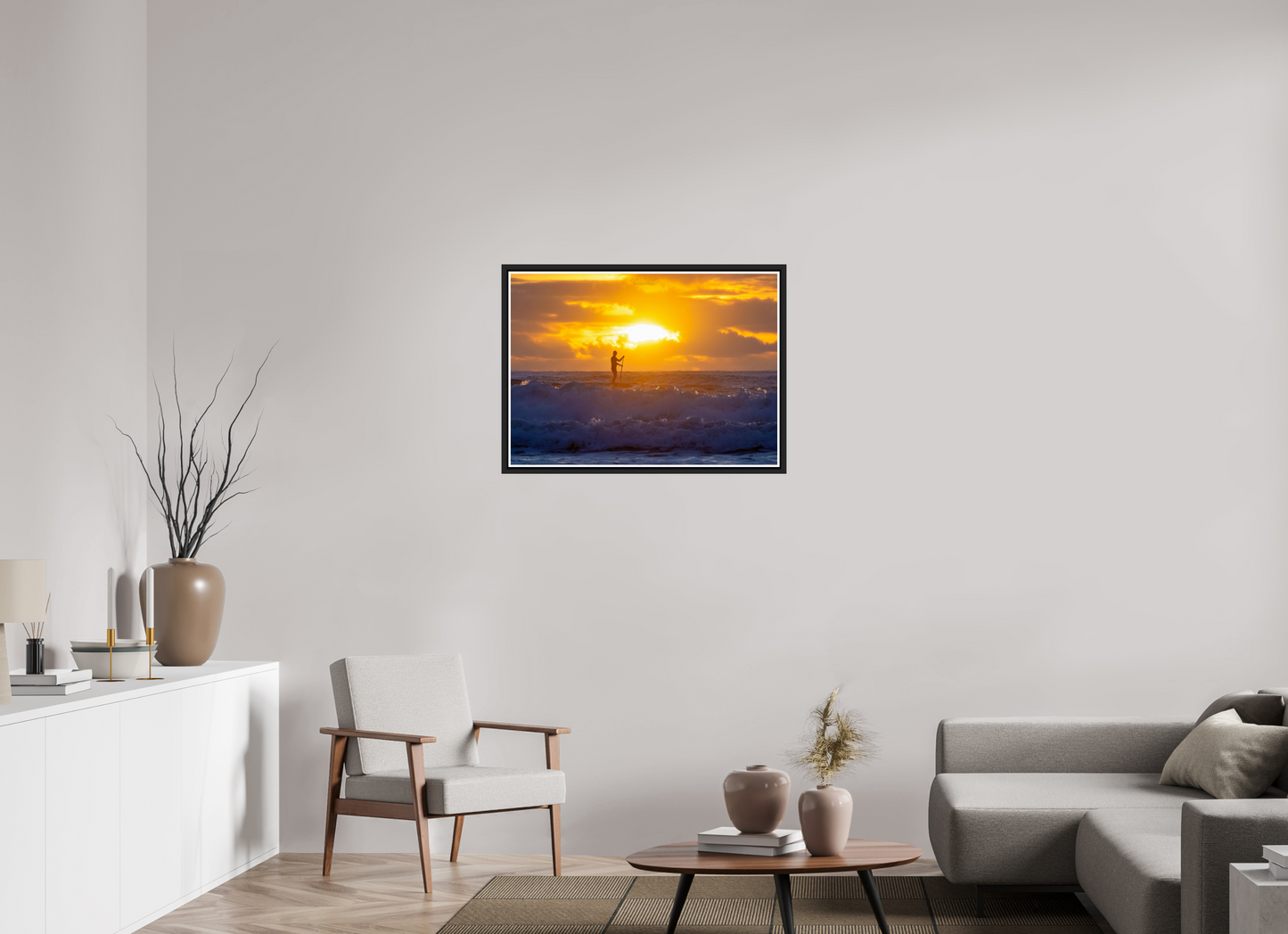 33.6 x 24″, Black Matte Floater Frame with Acrylic Glass (05E) Surfer at Sunrise 2