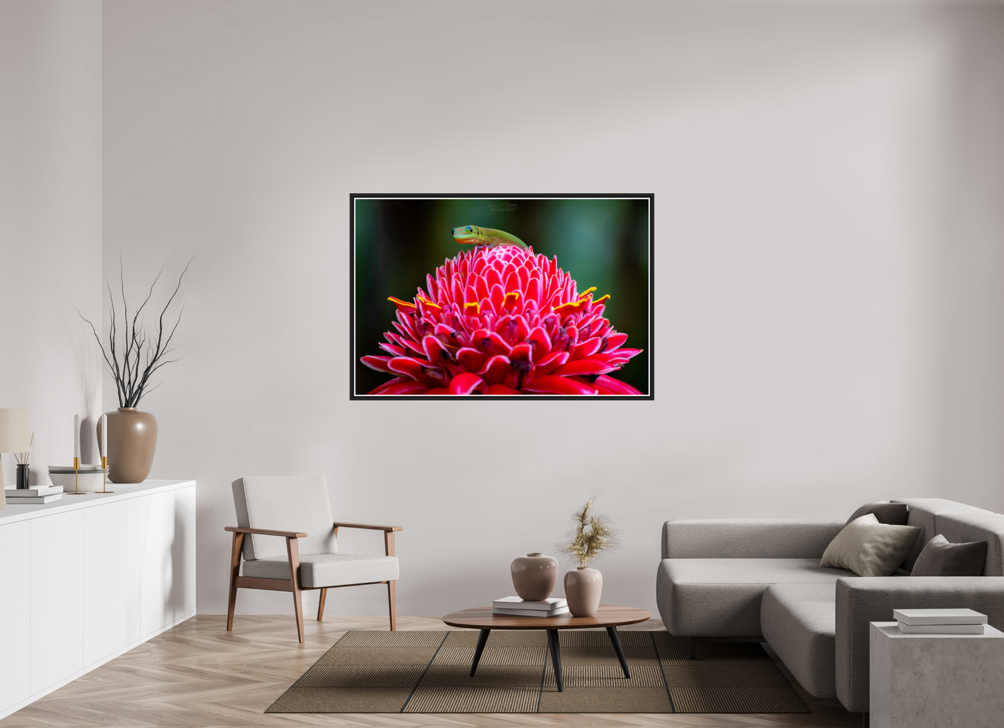 60 x 40″, Black Matte Floater Frame with Acrylic Glass (08F) Gecko on a flower
